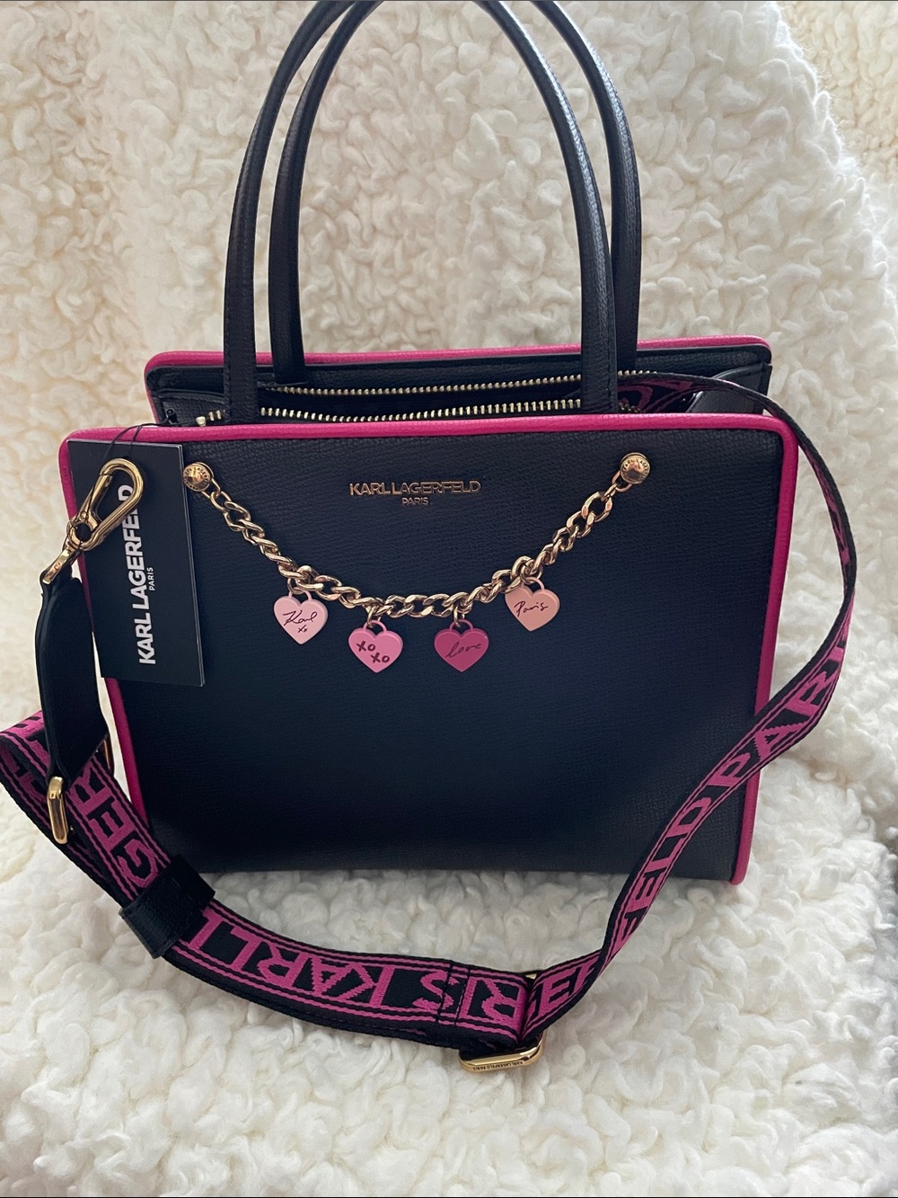 Karl Lagerfeld Black and Pink Shoulder Tote with Heart Charm Chain